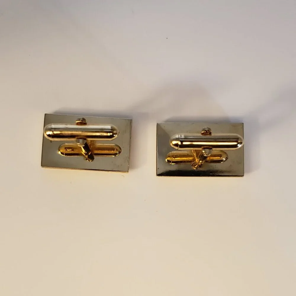 Vintage Two Tone Metal Cufflinks Goldtone Silvertone Brushed Striped Rectangular